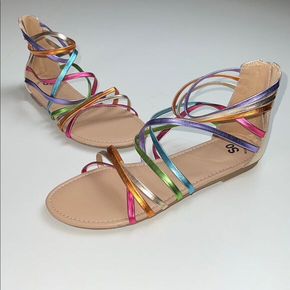 SO Girl’s Size 6 Delaine Rainbow Metallic Strappy Gladiator Sandals - Picture 1 of 6